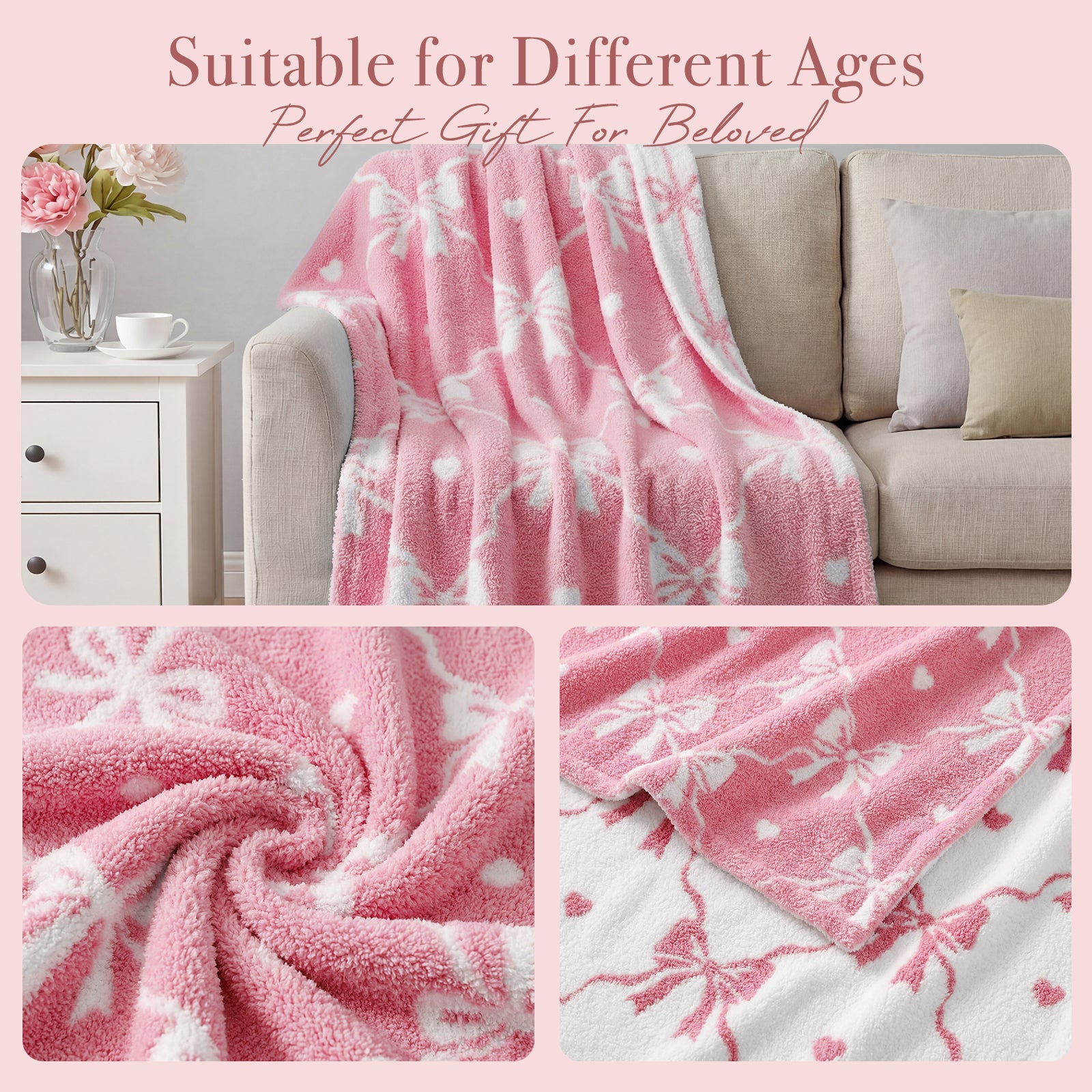 Catami Bow Throw Blanket-Reversible Home Decor Blankets for Couch Sofa Bed Camping 50"x60"